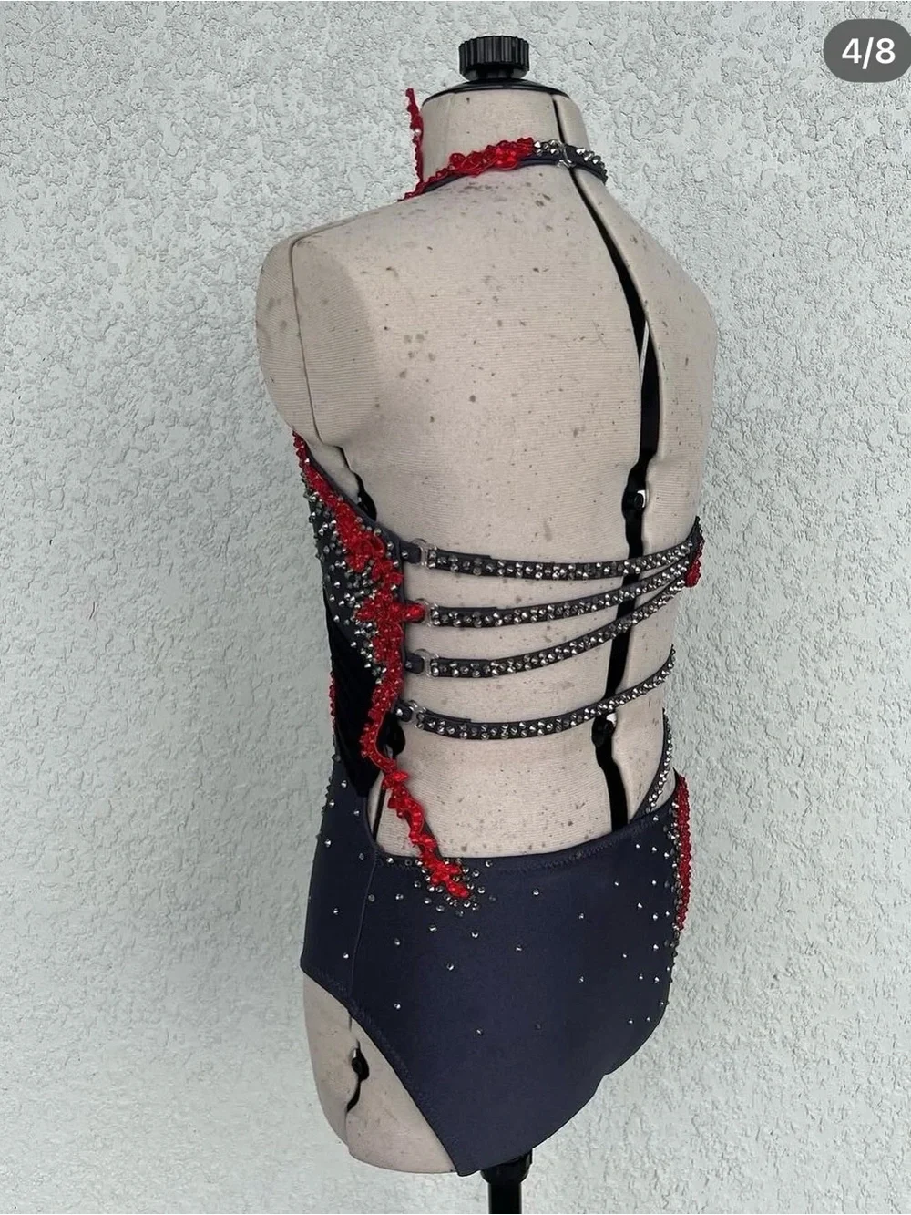 Black, Gray and Red One-Piece Dance Costume with Crystal Accents